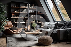 Interior of modern living room with grey sofa, armchair and coffee table