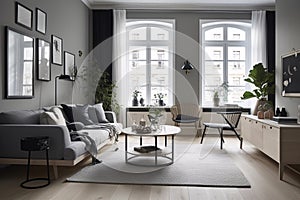 Interior of modern living room with grey sofa, coffee table and plants. Scandinavian style