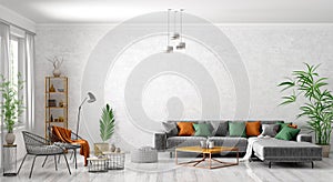 Interior of modern living room with grey sofa, coffee tables and armchairs 3d rendering