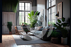 Interior of modern living room with grey sofa and green plants 3D rendering