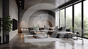 Interior of modern living room with grey walls, concrete floor, gray sofa and coffee table. Industrial, concrete or loft Style