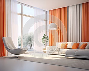The interior of a modern living room has an orange curtns white sofa and a big window.