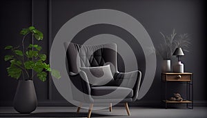 interior of modern living room, home design Gray armchair over black wall, - Generative AI