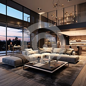 Interior of modern living room panorama 3d rendering