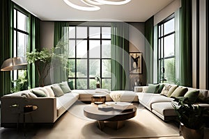 Interior of a modern living room with a panoramic window