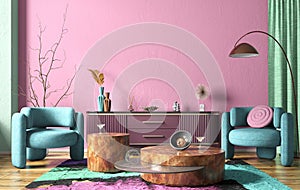 Interior of modern living room with purple sideboard over pink stucco wall. Contemporary room with dresser and coffee tables and