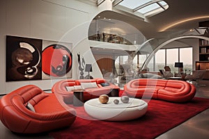Interior of a modern living room with red leather sofas. Ai Generated