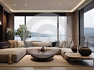 Interior of modern living room with sea view, sofa