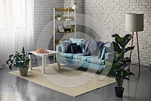 Interior of modern living room with shelf units and sofa