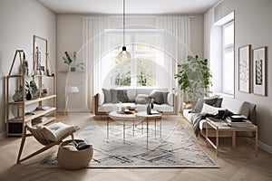 Interior of modern living room with sofa and coffee table. Scandinavian style