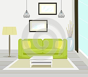 Interior of modern living room with sofa furniture, table, floor lamp, large window, wall painting, vector illustration