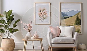 Interior of modern living room with stylish armchair, flowers and posters