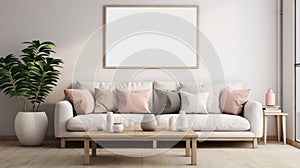 Interior of modern living room with white sofa, coffee table and three vertical mock up posters