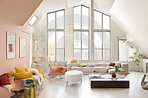 Interior of modern living room with white sofa and plant