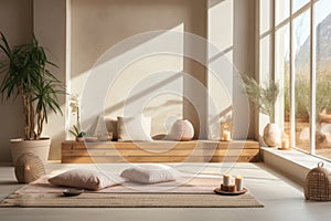 Interior of modern living room with white walls, tatami mat, candles and plants.