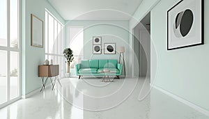 Interior of modern living room with white walls, white floor, comfortable green sofa and two posters. 3d rendering