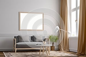 Interior of modern living room with white walls, wooden floor, comfortable sofa, coffee table and window with curtains. Mock up