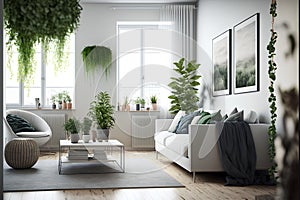 Interior of modern living room with white walls, wooden floor, comfortable white sofa and green plants. 3d rendering