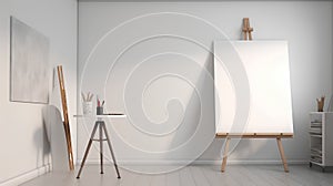 Interior of modern living room with white walls, wooden floor, white wooden easel with canvas and artist tools. 3d render