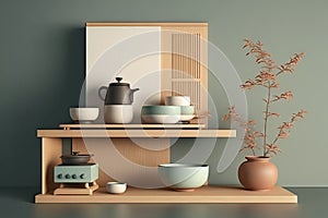 Interior of modern living room with wooden shelf and tableware