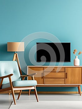 Interior of modern living room with wooden sideboard over blue wall. Contemporary room with TV stand and armchair