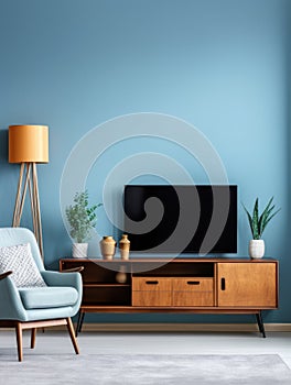 Interior of modern living room with wooden sideboard over blue wall. Contemporary room with TV stand and armchair