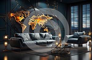 Interior of modern living room with world map, 3d render