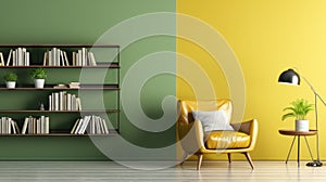 Interior of modern living room with yellow and green walls, wooden floor, yellow armchair and bookcase