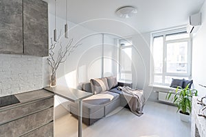 Interior of the modern loft kitchen-studio in the apartment. Room, furniture, sofa near wooden fireplace