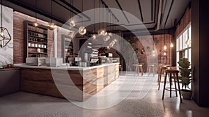 Interior of a modern loft style coffee house. Decorated walls, wooden bar counter and bar stools, pendant lights and