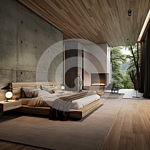 Interior of a modern luxurious bedroom with wooden furniture in a tropical place surrounded by nature