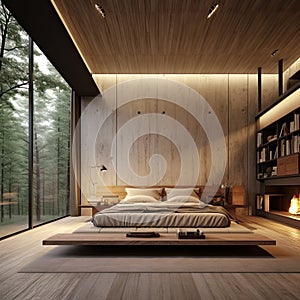 Interior of a modern luxurious bedroom with wooden furniture in a tropical place surrounded by nature