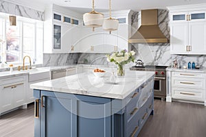 Interior of modern luxurious kitchen classic style. White and blue cabinets with gilded handles, kitchen island with