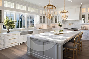 Interior of modern luxurious kitchen classic style. White cabinets with gilded handles, kitchen island with white marble