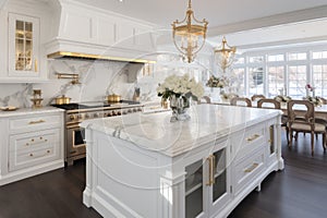 Interior of modern luxurious kitchen classic style. White cabinets with gilded handles, kitchen island with white marble