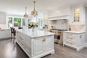 Interior of modern luxurious kitchen classic style. White cabinets with gilded handles, kitchen island with white marble