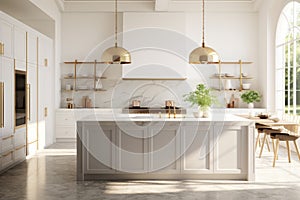 Interior of modern luxurious kitchen classic style. White cabinets with gilded handles, kitchen island with white marble