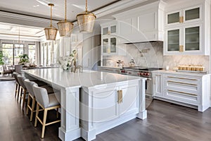 Interior of modern luxurious kitchen classic style. White cabinets with gilded handles, kitchen island with white marble