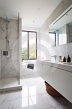 Interior of modern, luxury bathroom with white marble carrara walls and tiled floor. Big shower and bathtub