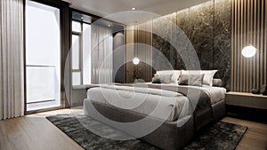 Interior of modern luxury bedroom with double bed and marble wall, 3D rendering