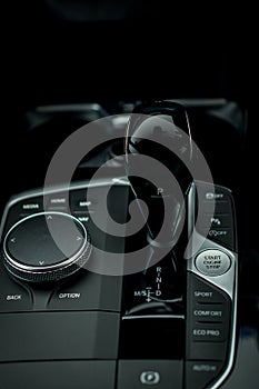 Interior of a modern luxury gray black car, auto detail