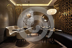 Interior of modern luxury restaurant, tables and couch in ornate room, generative AI