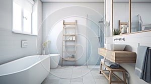 Interior of modern luxury scandi bathroom with window and white walls. Free standing bathtub, shower cabin, wash basin