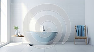 Interior of modern luxury scandi bathroom with window and white walls. Free standing bathtub, vanity with toiletries