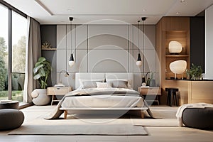 Interior of modern master bedroom with white walls, wooden floor, comfortable king size bed