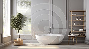 Interior of modern minimalist bathroom in luxury home or apartment. Grey walls, freestanding bathtub, wooden shelving