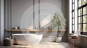 Interior of modern minimalist bathroom in luxury home or apartment. Light grey walls, freestanding bathtub, wooden