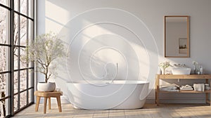 Interior of modern minimalist bathroom in luxury home or apartment. Light grey walls, freestanding bathtub, wooden