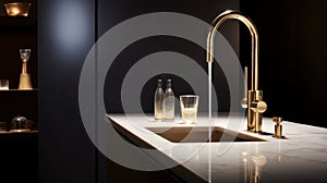 Interior of modern minimalist bathroom with white marble countertop and built-in wash basin, golden faucet and bottles