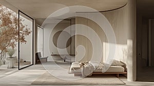 Interior of modern minimalist bedroom in luxury villa. Spacious room, natural colors and finishing materials, panoramic